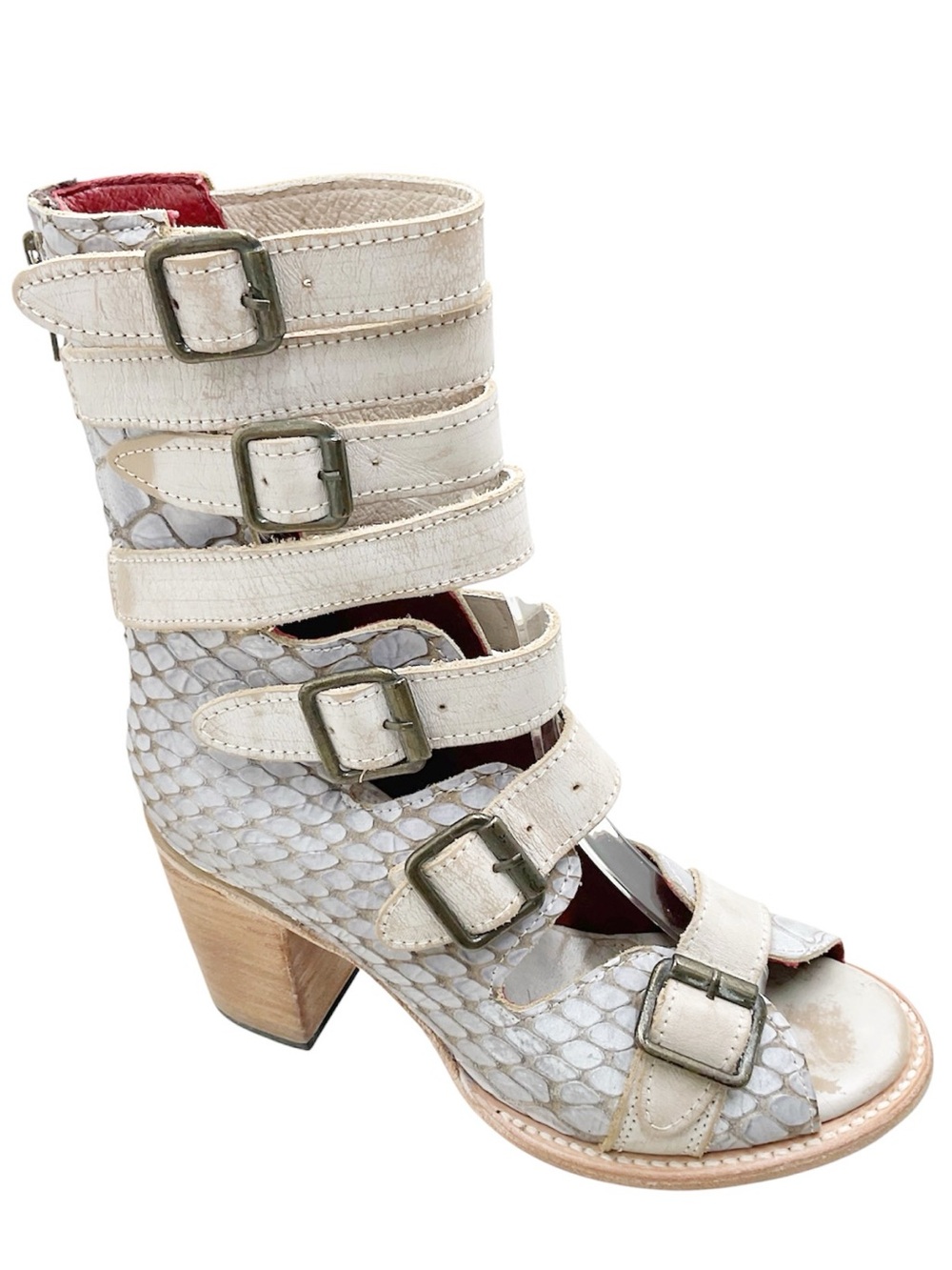 {Freebird by Steven} Bond Grey & Beige Leather Snake Sandals